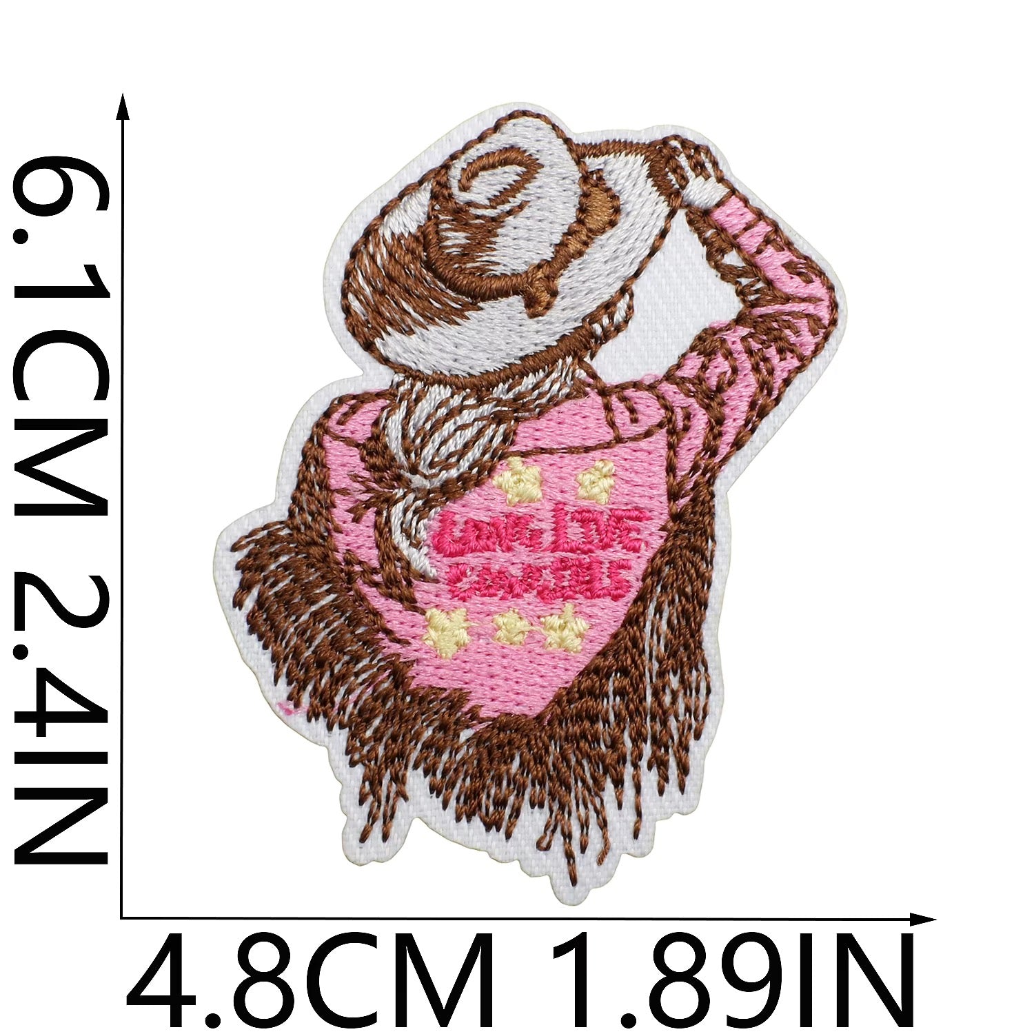 Embroidered patch of a rose with a pink heart and 'Long Live' text, with measurements on a white background. western cowgirl