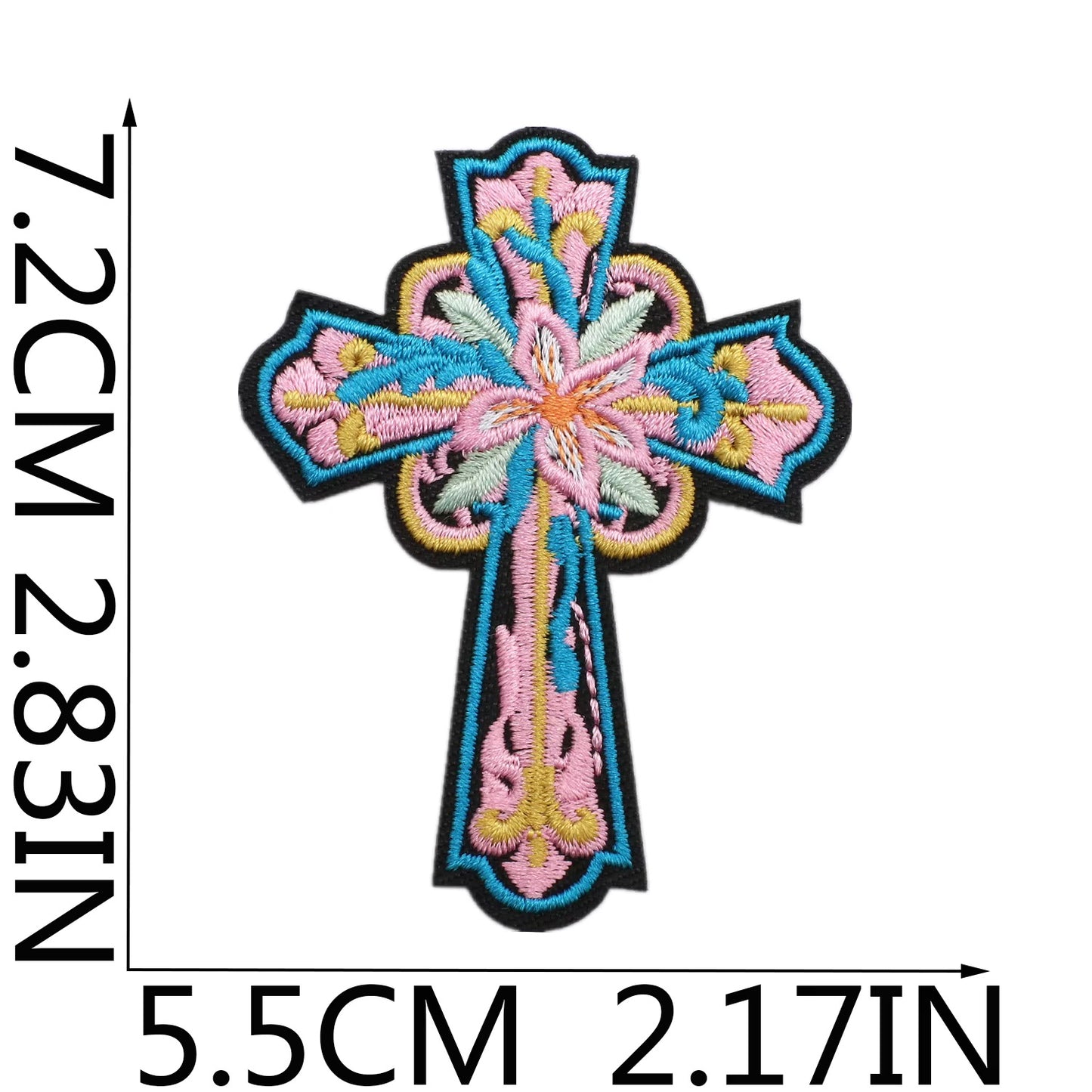 Colorful embroidered cross patch with dimensions indicated western
