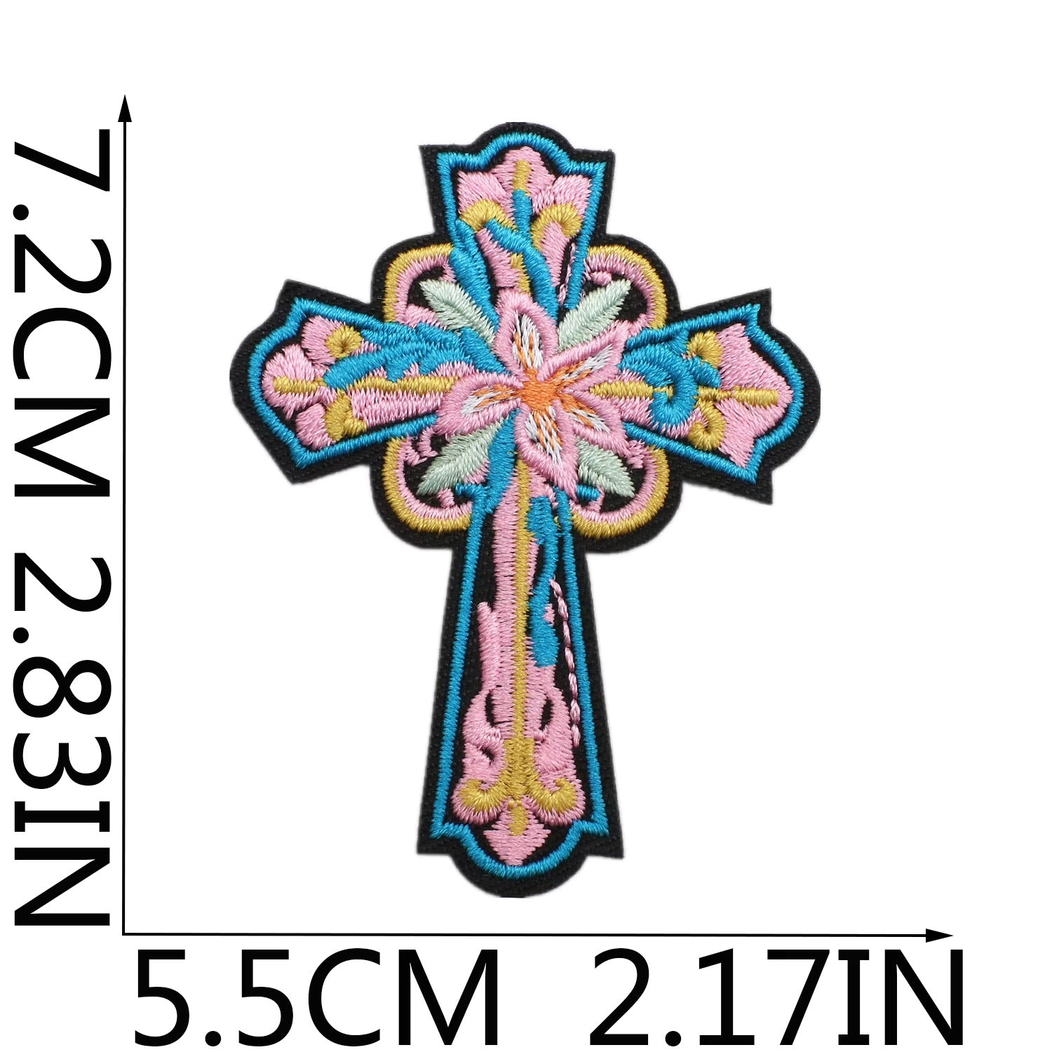 Colorful embroidered cross patch with dimensions indicated western