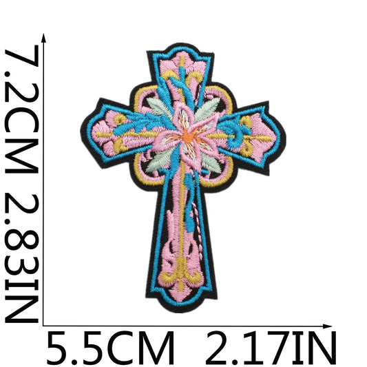 Colorful embroidered cross patch with dimensions indicated western