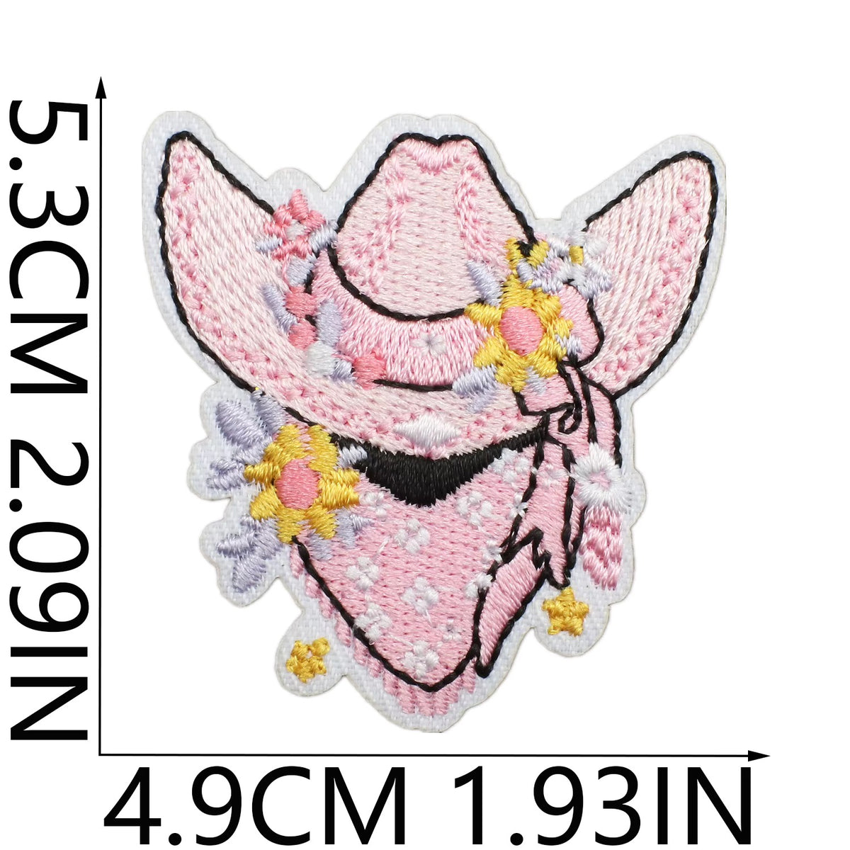 Embroidered patch of a cat wearing a pink hat with floral decorations, shown with measurements. western