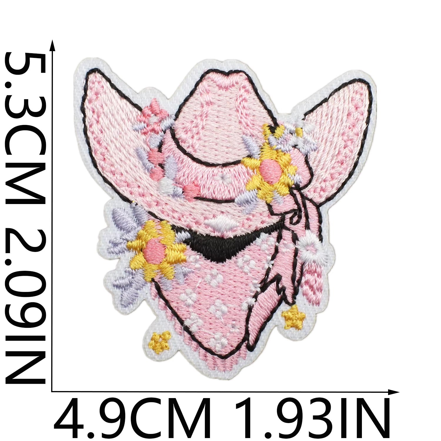 Embroidered patch of a cat wearing a pink hat with floral decorations, shown with measurements. western