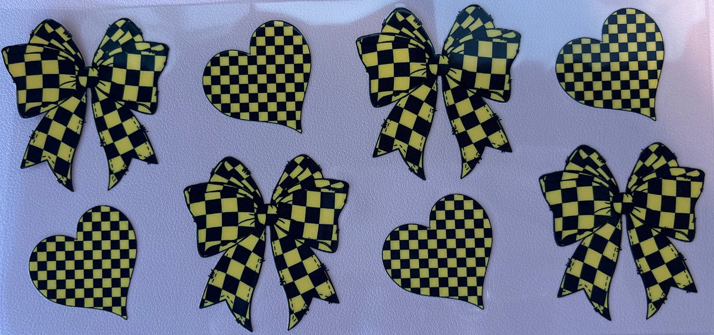 Set of checkered bows and hearts uv dtf transfer