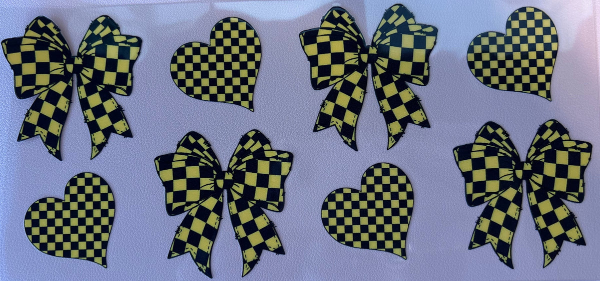 Set of checkered bows and hearts uv dtf transfer