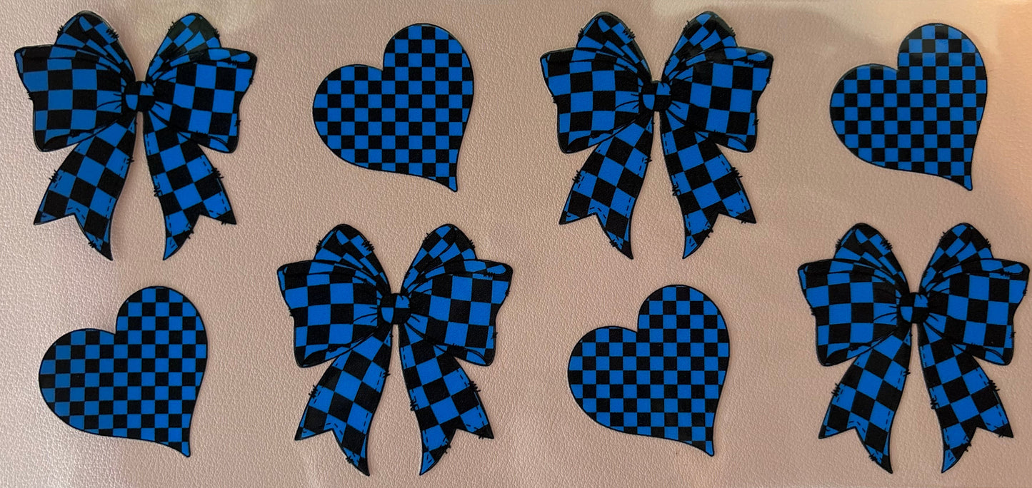 Set of blue checkered bows and hearts uv dtf wrap